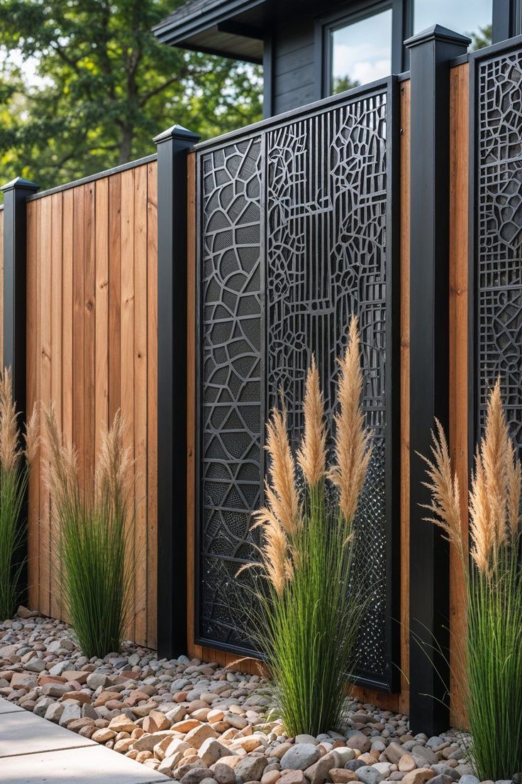 A striking 4-foot privacy fence combines warm…